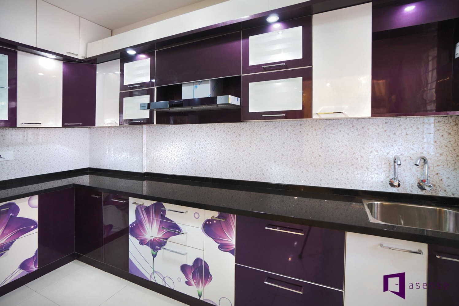Purple And White Themed Modular Kitchen With Floral Prints by Snigdha Ghosh Modular-kitchen Contemporary | Interior Design Photos & Ideas