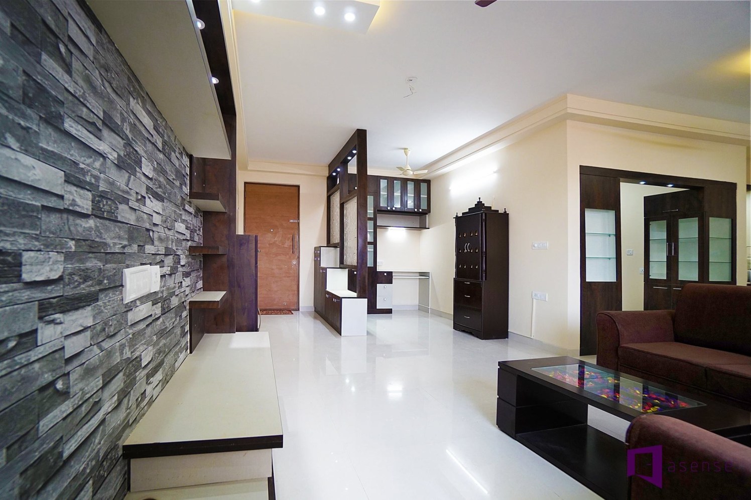 Grey Bricked Hallway With Wooden Work by Snigdha Ghosh Indoor-spaces | Interior Design Photos & Ideas