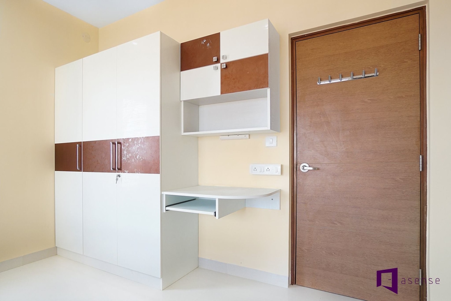 White Wardrobe With Brown Strips And Compact Study Table by Snigdha Ghosh Bedroom Contemporary | Interior Design Photos & Ideas
