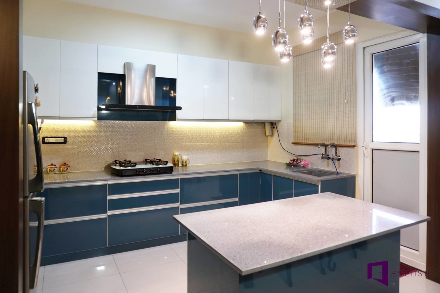 Blue And White Themed Modular Kitchen With Planetary String Lights by Snigdha Ghosh Modular-kitchen Contemporary | Interior Design Photos & Ideas