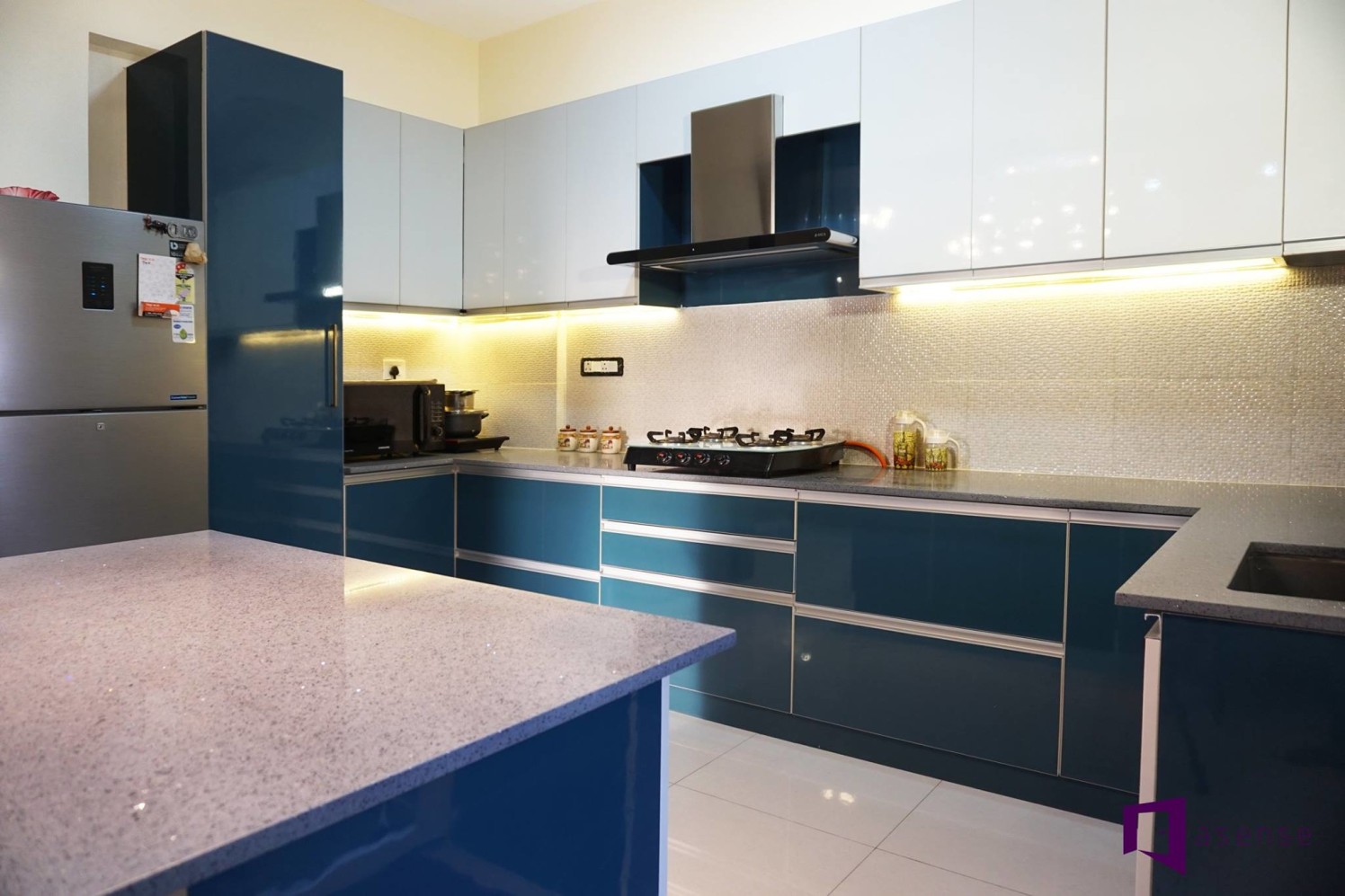 Blue And White Modular Kitchen by Snigdha Ghosh