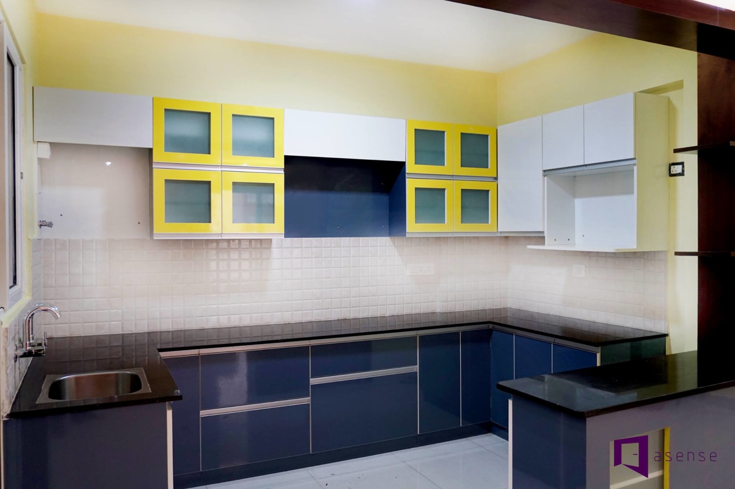 Blue And Yellow U Shaped Modular Kitchen by Snigdha Ghosh Modular-kitchen Contemporary | Interior Design Photos & Ideas