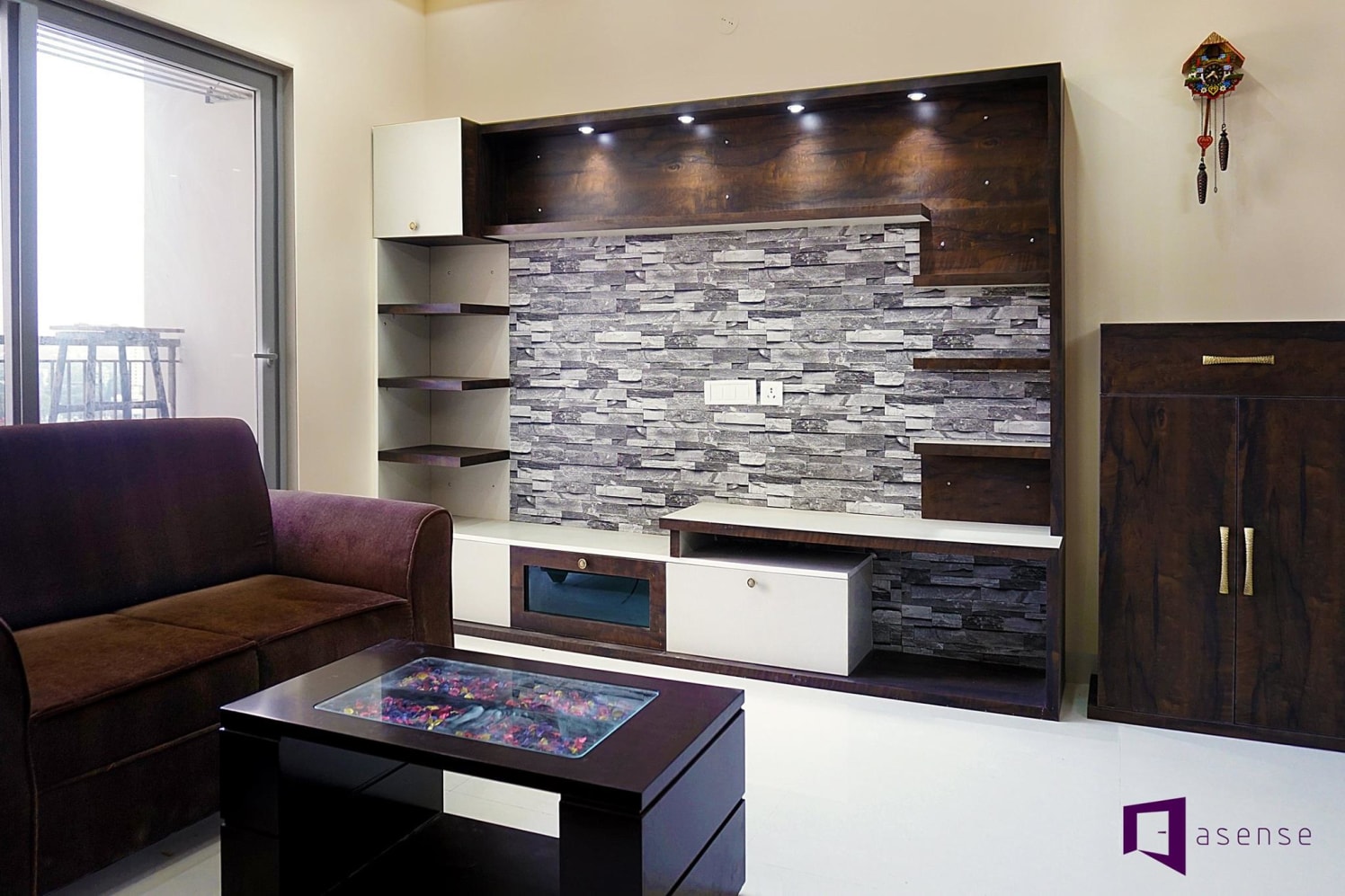 Living Room With Grey Slabs And Brown Television Cabinet by Snigdha Ghosh Living-room Contemporary | Interior Design Photos & Ideas