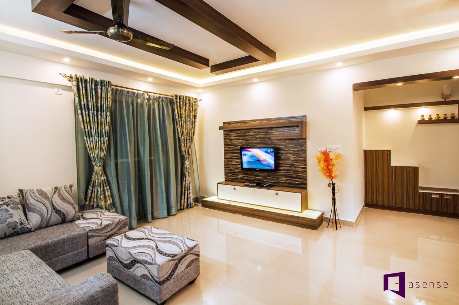 Sofas With Wave Like Pattern And Wooden Television Cabinet by Snigdha Ghosh Living-room Contemporary | Interior Design Photos & Ideas