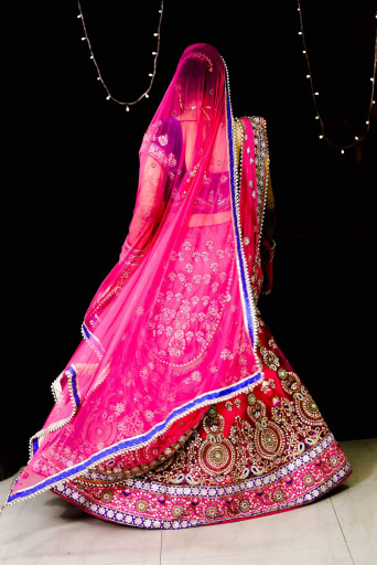Bride Wearing Fuschia Pink and Blue Lehenga With Gota Patti Work by Himanshu Chauhan Wedding-dresses | Weddings Photos & Ideas
