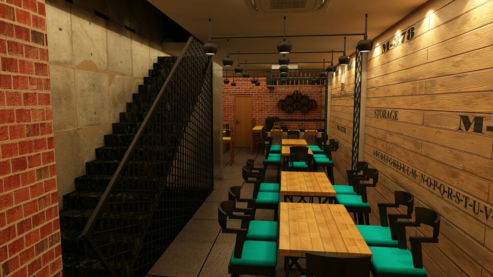 Restaurant Interiors With Narrow Layout And Wooden Tables And Wall by Nitin Bhatia Contemporary | Interior Design Photos & Ideas
