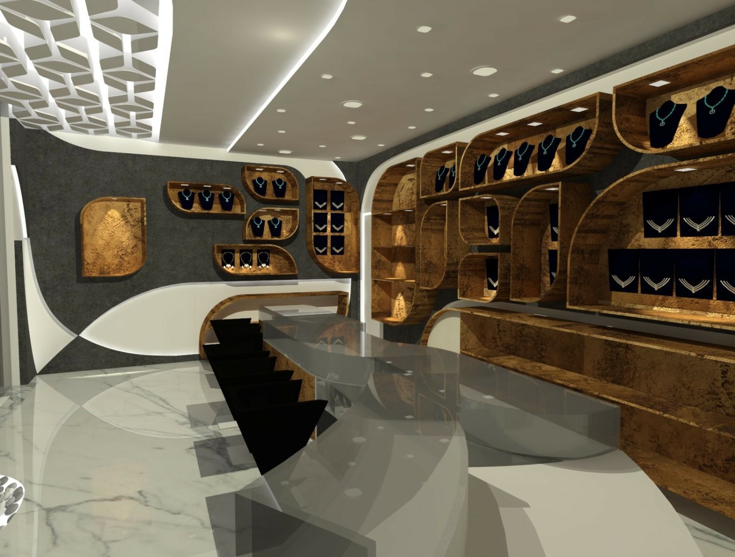 A spacious jewellery store with marble flooring and wooden furniture by Vivospace Architects Modern | Interior Design Photos & Ideas