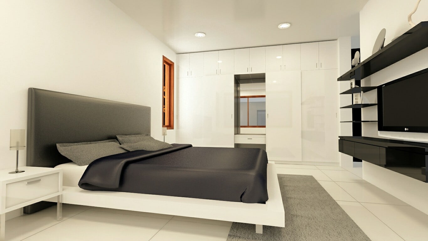 White Theme Bedroom With Tv Cabinet And Wardrobe by Craftmen Studio Bedroom Modern | Interior Design Photos & Ideas