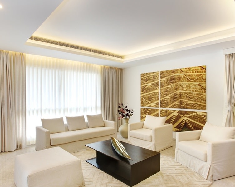 White themed living room by One leaf interiors& exteriors Living-room Contemporary | Interior Design Photos & Ideas