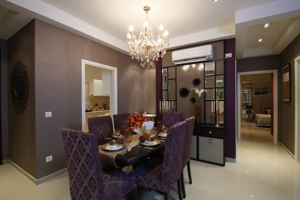 Brown Wooden Table And Purple Cushioned Chairs by Tanu Gupta Dining-room Contemporary | Interior Design Photos & Ideas