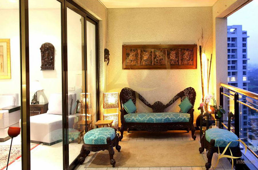 Balcony With Blue Traditional Sofas by Krushna Paatil Open-spaces Contemporary | Interior Design Photos & Ideas