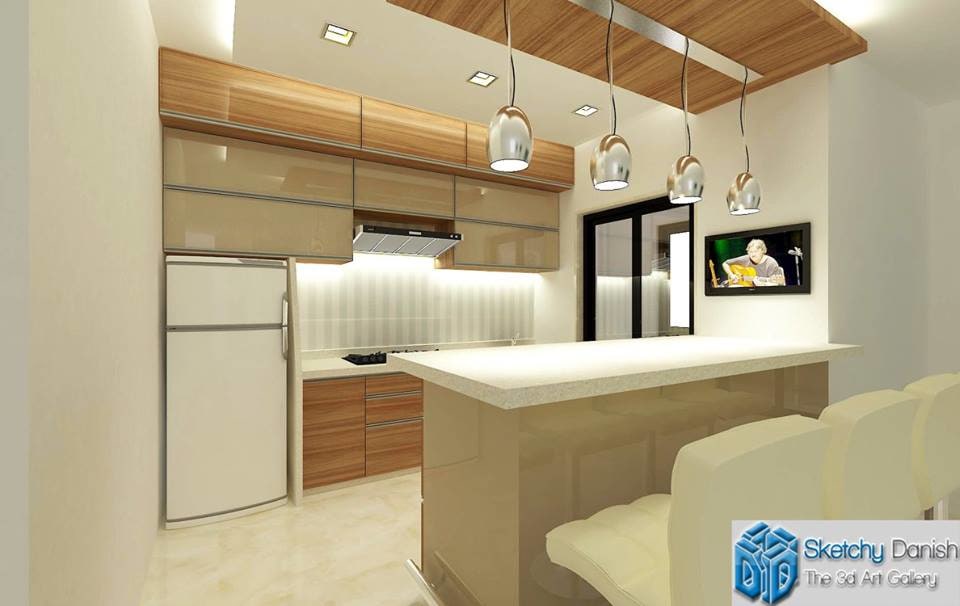 Modular G shaped kitchen with marble flooring by Sketchy Danish Modular-kitchen Modern | Interior Design Photos & Ideas