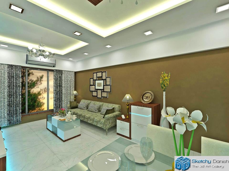 3D image of a living room with marble flooring by Sketchy Danish Living-room Contemporary | Interior Design Photos & Ideas