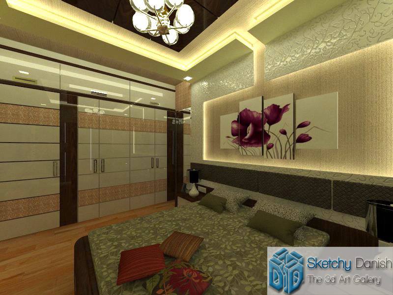 3D image of a master bedroom with wooden flooring by Sketchy Danish Bedroom Contemporary | Interior Design Photos & Ideas