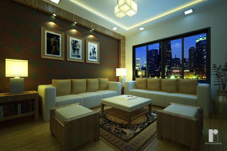 A contemporary living room with wooden flooring by Render Image Living-room Contemporary | Interior Design Photos & Ideas