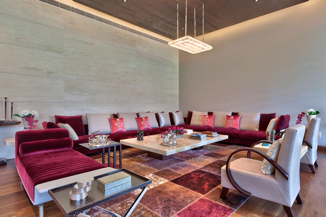 Red Velvet Sectional Sofa and Brown And Cherry Red Tiles by Sakshi Gugnani Living-room Contemporary | Interior Design Photos & Ideas