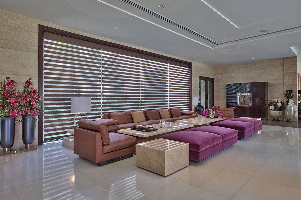 Spacious Living Room With Blush Pink Leather Sofas by Sakshi Gugnani Living-room Modern | Interior Design Photos & Ideas