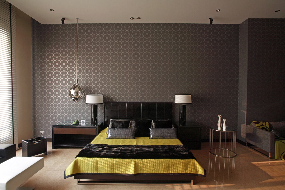 Black Themed Bedroom With Wooden Low-Floor Bed by Sakshi Gugnani Bedroom Modern | Interior Design Photos & Ideas
