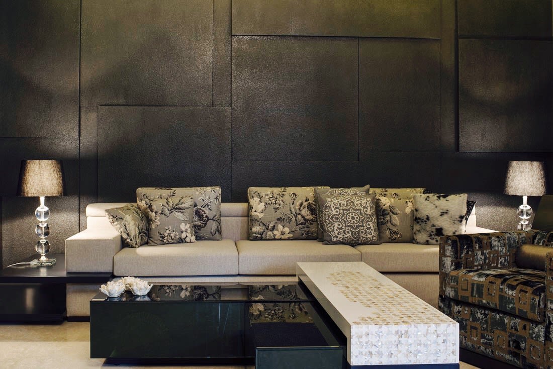 Monochromatic Living Room With Beige Coloured Cushioned Sofa by Sakshi Gugnani Living-room Contemporary | Interior Design Photos & Ideas
