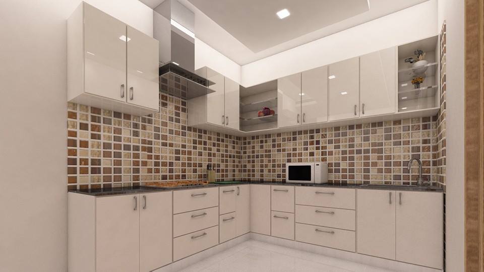 L-Shaped White Shade Cabinets In Modular Kitchen by Sahil Ahmad Saifi Modular-kitchen Modern | Interior Design Photos & Ideas