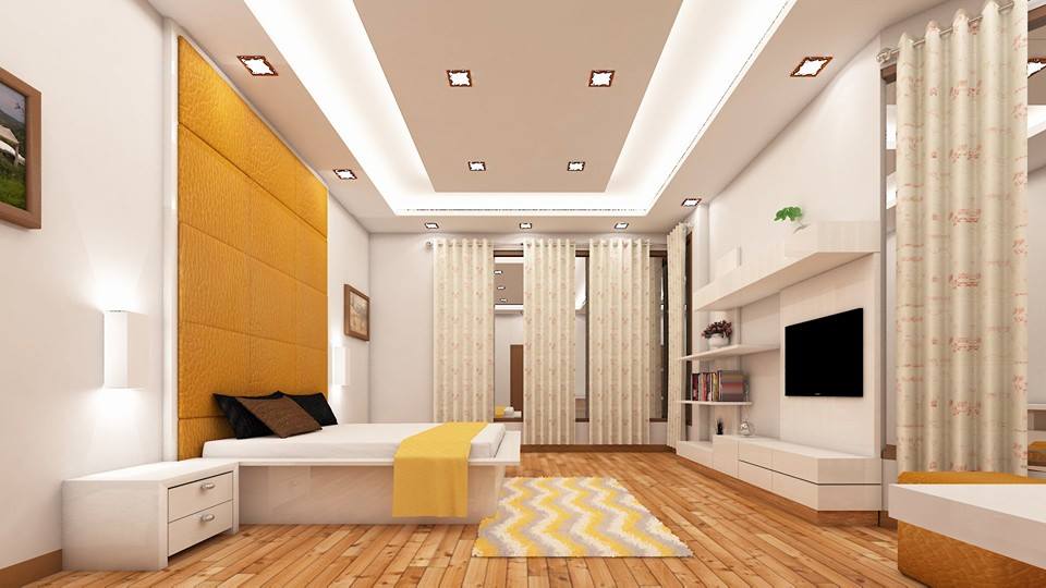 Wooden Flooring And White False Ceiling In Bedroom by Sahil Ahmad Saifi Bedroom Contemporary | Interior Design Photos & Ideas