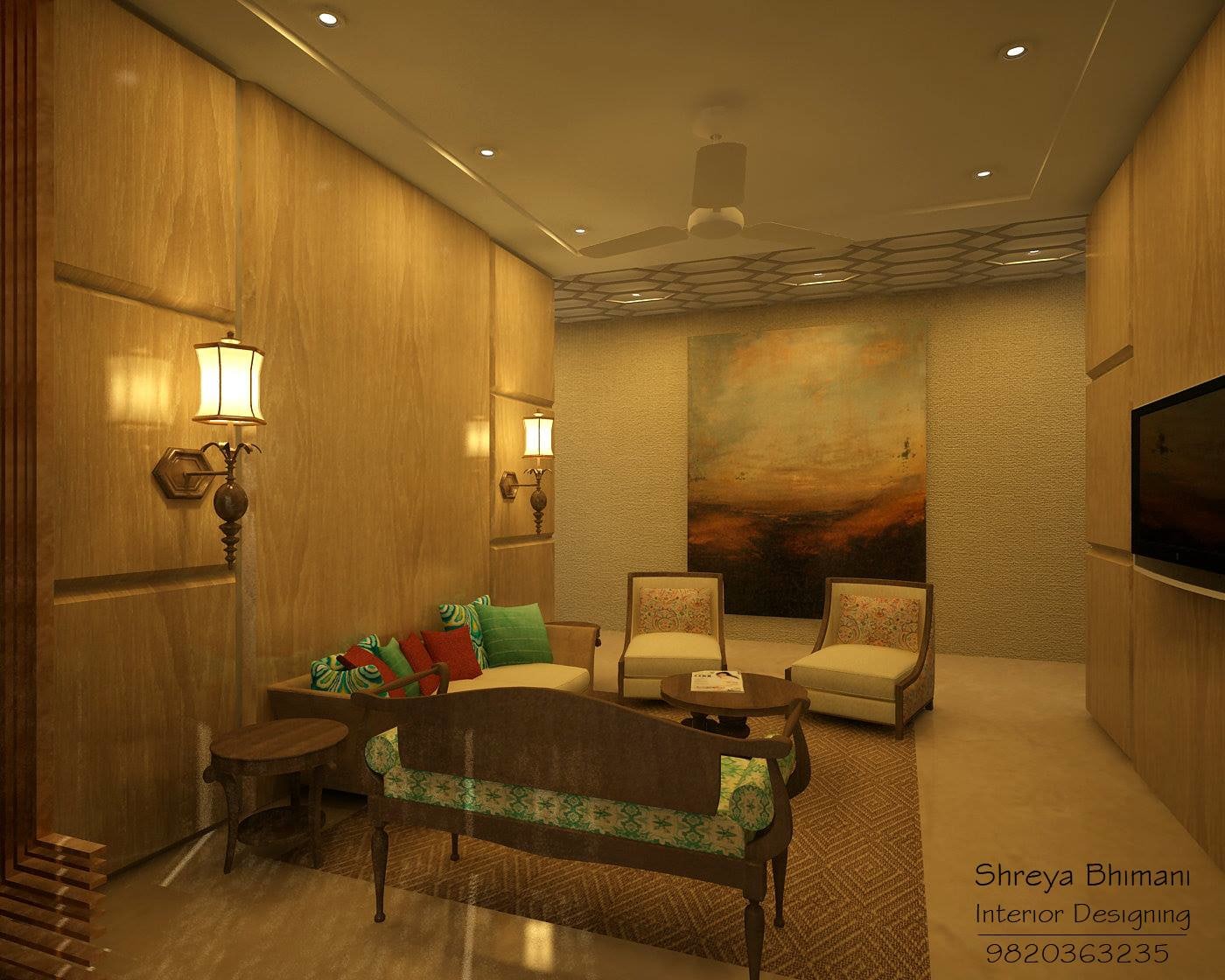 Elegant Living Room With Wooden Camel Back Sofa and Wood Finish Wall by Shreya Living-room Vintage | Interior Design Photos & Ideas