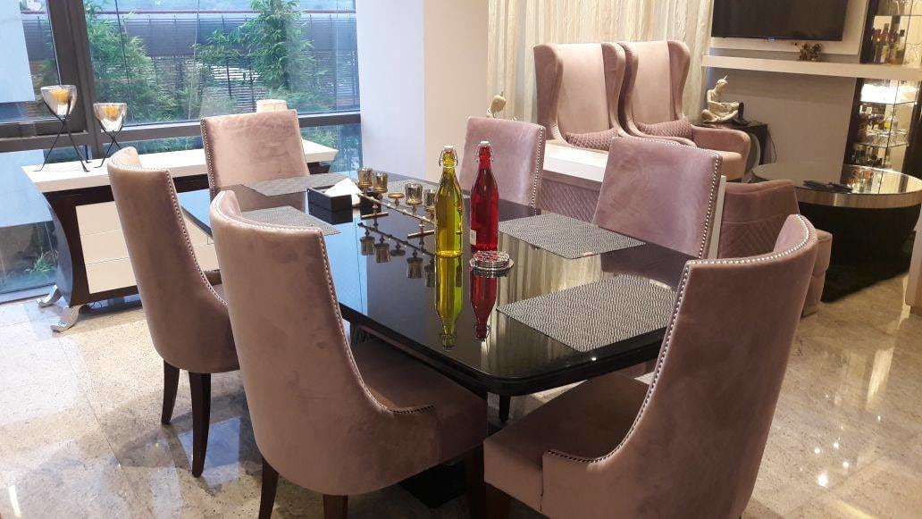 Black Dining Table And Purple Chairs by Maanu Dewan Dining-room Contemporary | Interior Design Photos & Ideas