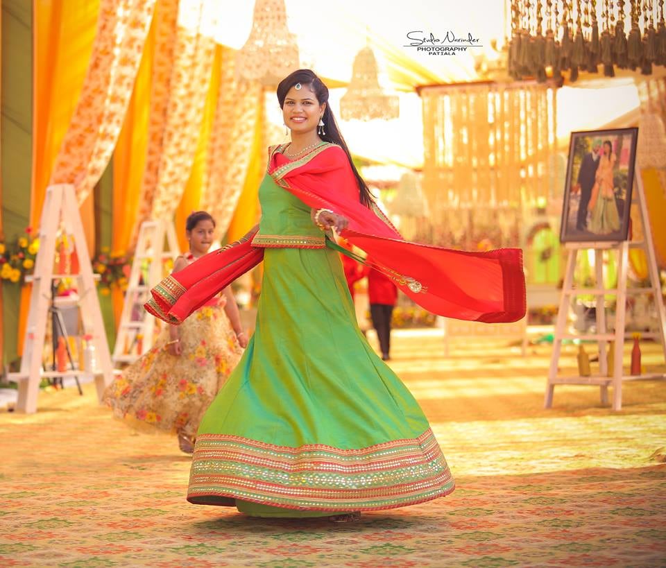 Mehendi Green Long Skirt With Matching Koti Completing Its Look With Red Dupatta by Sourab Sharma Wedding-photography Wedding-dresses | Weddings Photos & Ideas