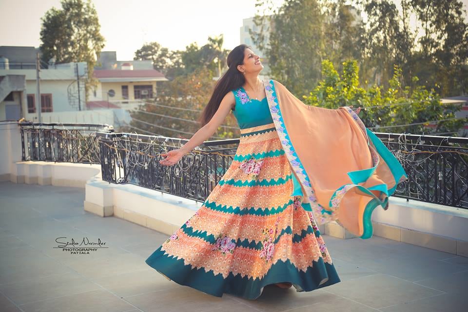 Stunning Blue Anarkali Suit With Orange And Pink Flora Print by Sourab Sharma Wedding-photography Wedding-dresses | Weddings Photos & Ideas