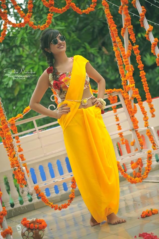 Yellow Saree With Sleeveless Floral Printed Blouse For Vibrant Look On Haldi Day by Sourab Sharma Wedding-photography Wedding-dresses | Weddings Photos & Ideas