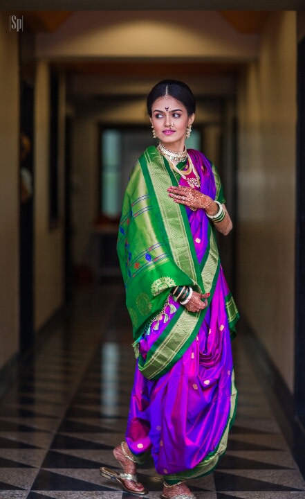 Traditional South Indian Green And Purple Kanjivaram Saree by Sameer Panchpor Wedding-photography Wedding-dresses | Weddings Photos & Ideas