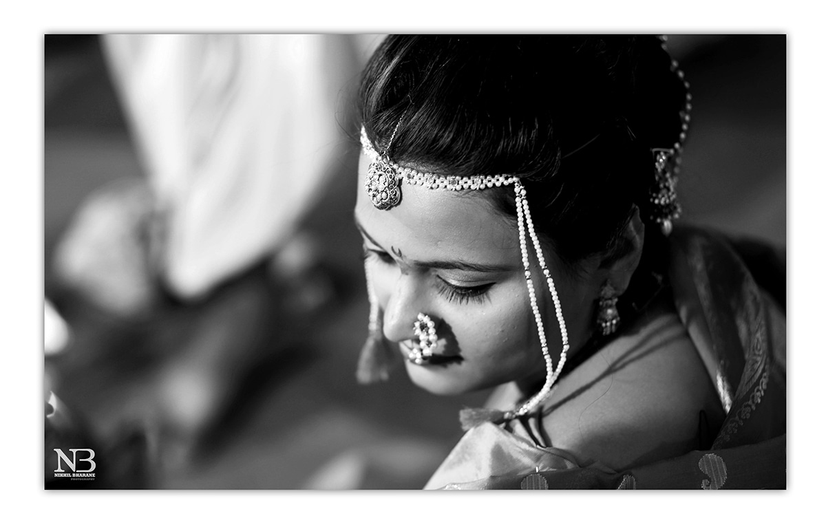 Black And White Shot Of Marathi Bride Highlighting Her Headpiece And Traditional Marathi Nath by Nikhil Y. Bharane Wedding-photography Bridal-jewellery-and-accessories | Weddings Photos & Ideas