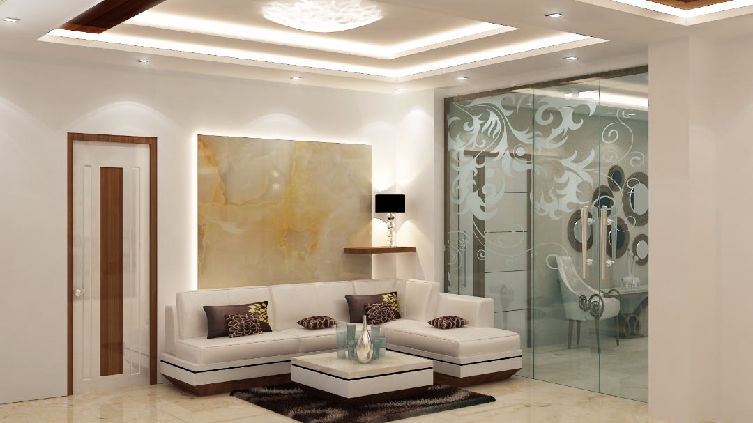 L-Shaped Sofa With Glass Door In Living Room by Amit Sharma Living-room Minimalistic | Interior Design Photos & Ideas