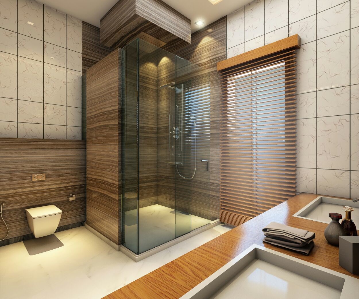 Bathroom With Wooden Work And Glass Enclosure by Amit Sharma Bathroom Modern | Interior Design Photos & Ideas