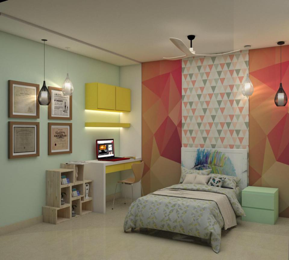 Bedroom With Multi Pattern Wall Print and wall attached angular study desk by Amit Sharma Bedroom Contemporary | Interior Design Photos & Ideas