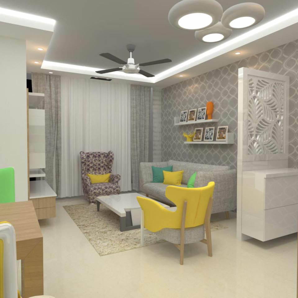 Grey Themed Living Room With Round Yellow Chairs by Amit Sharma Living-room Contemporary | Interior Design Photos & Ideas
