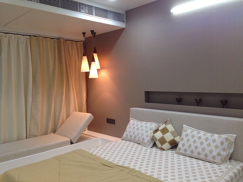 Beige And White Colored Bedroom With Pendant Lights by Ankil Desai Bedroom Modern | Interior Design Photos & Ideas