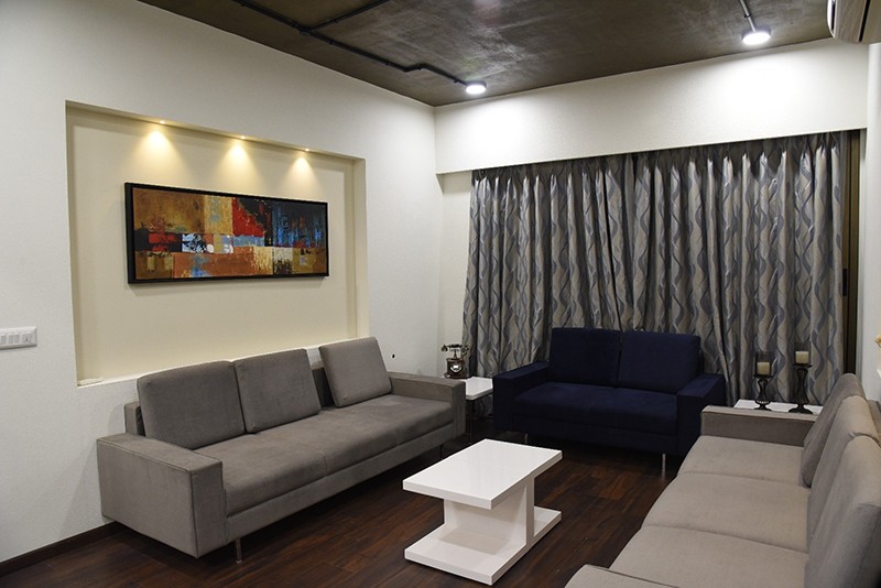 Grey And Blue Sofa Set With White Centre Table by Ankil Desai Living-room Modern | Interior Design Photos & Ideas