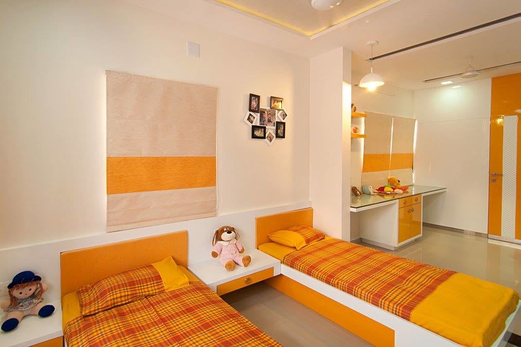 Orange Shade Interiors In Bedroom With Glass Top Study Table by Parthsarthi Bedroom Contemporary | Interior Design Photos & Ideas
