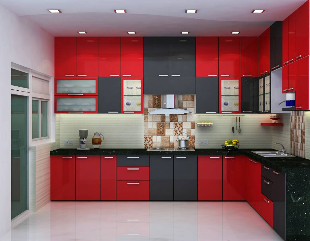 Standard Red Modular Kitchen by Spacesetterz