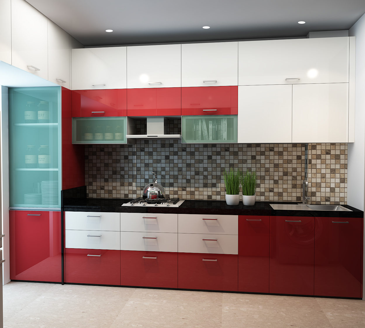 Maroon Modular Kitchen by New Era Architects Designers and PMC