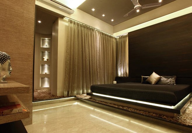 Low Rise Mocha Bed With Wooden Head Cover by Prashant Koli Bedroom Contemporary | Interior Design Photos & Ideas