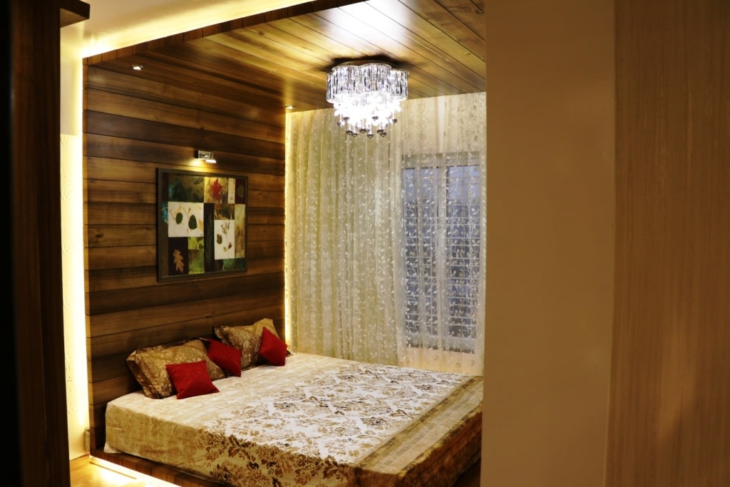 Low Rise Wooden Bed With Hanging Chandelier by Rajat Ajmera Bedroom Contemporary | Interior Design Photos & Ideas
