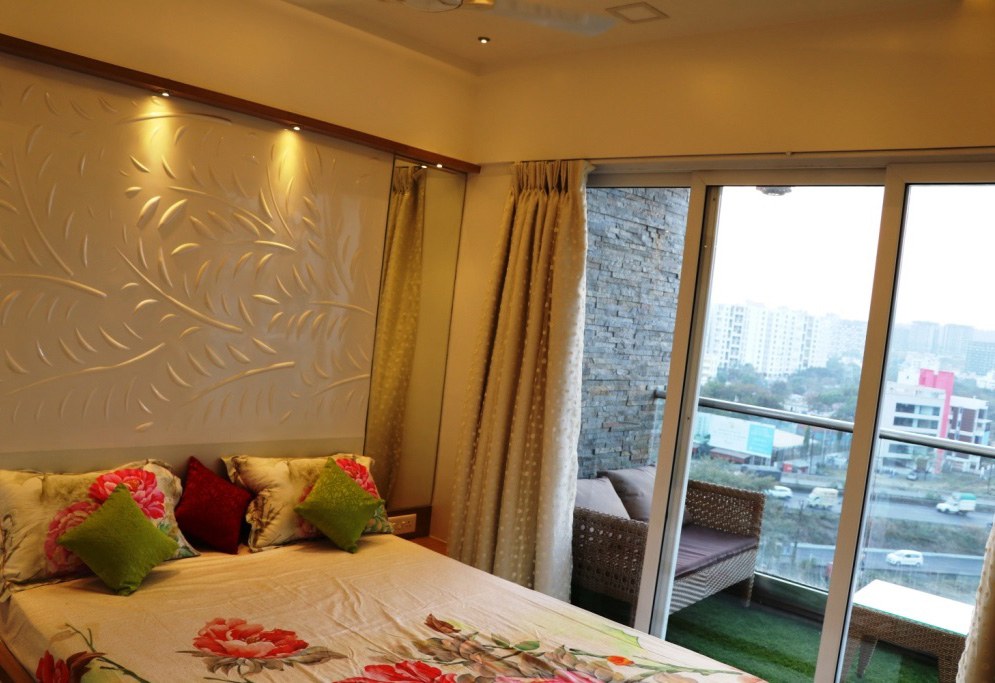 White Bedroom With Patterned Wall by Rajat Ajmera Bedroom Contemporary | Interior Design Photos & Ideas