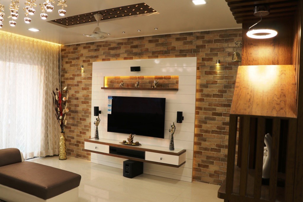 White Themed Wooden Television Cabinet by Rajat Ajmera Living-room Contemporary | Interior Design Photos & Ideas