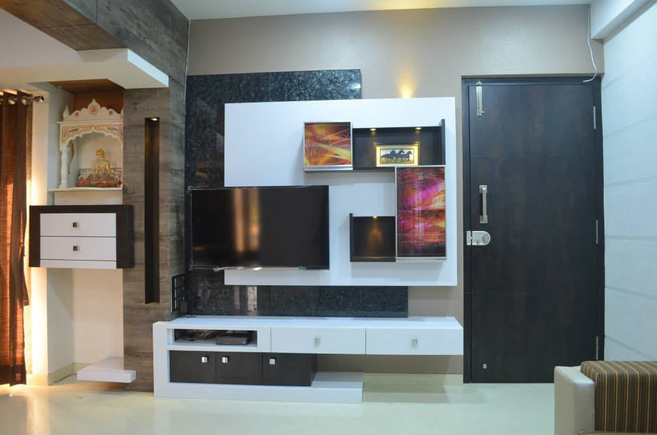 Living Room With Wooden Display Unit by Ar. Sachin Vasant Salvi Living-room Contemporary | Interior Design Photos & Ideas