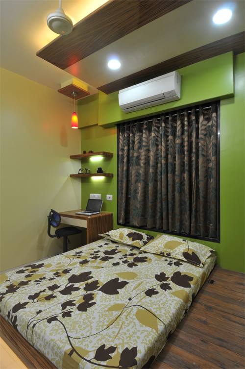 Low rise bed with head side window covered by dark colored curtains by Leena Mehar Bedroom Contemporary | Interior Design Photos & Ideas