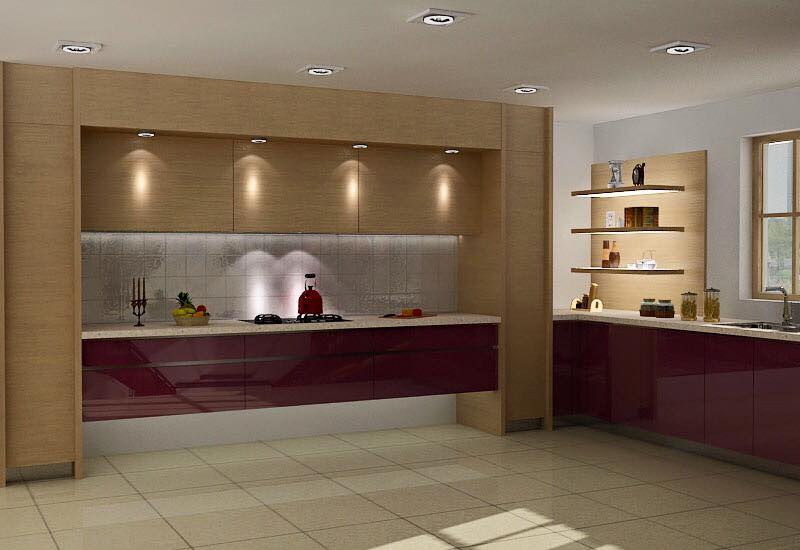 L Shape Kitchen with Beige Shade and Burgundy Cabinets by Alaya D'Decor Modular-kitchen Modern | Interior Design Photos & Ideas