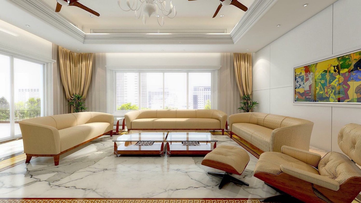 Beige Shaded Sofa Set With Marble Flooring And Glass Centre Table by Anshuma Vaidya Bora Living-room Modern | Interior Design Photos & Ideas