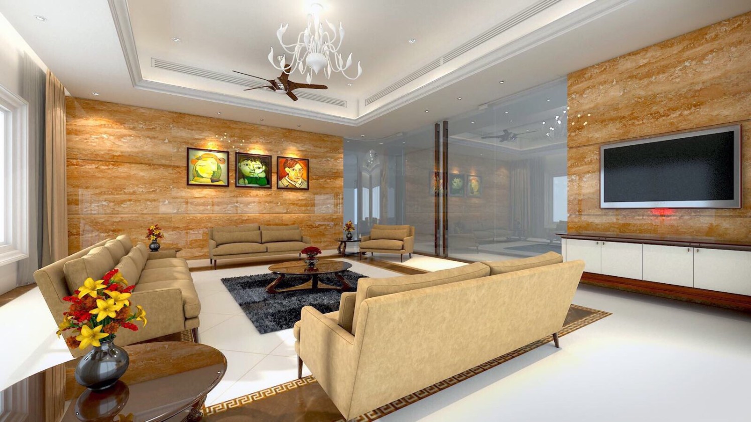 Wheat Shaded sofa Set With White Chandelier by Anshuma Vaidya Bora Living-room Modern | Interior Design Photos & Ideas